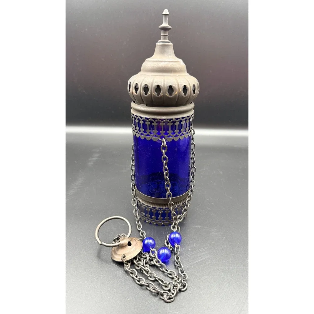 Hanging Metal Orthodox Sanctuary Vigil Lamp Candle Holder Cobalt Blue Ornate